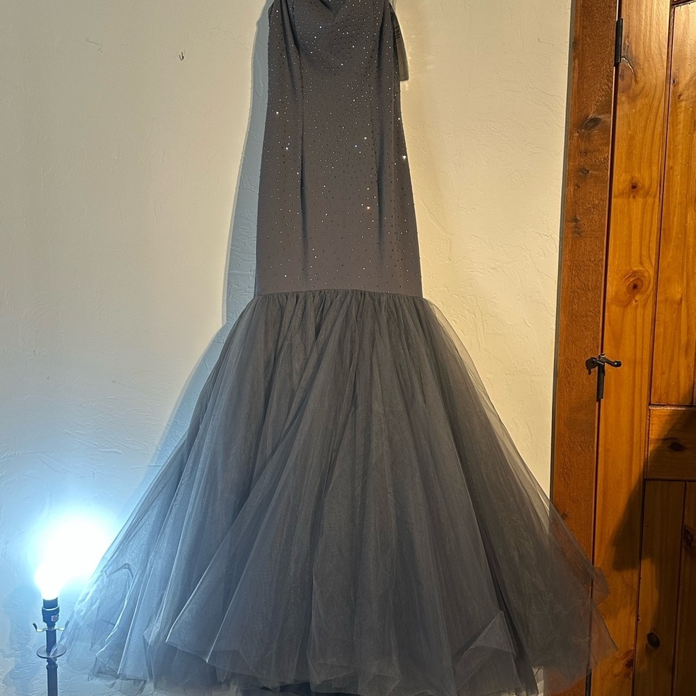Sherri Hill Charcoal Gown with Tulle Skirt - Picture 2 of 15